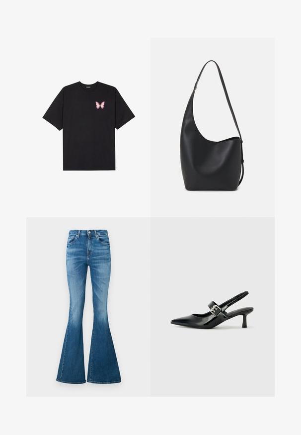 Musta puuvillapaita lyhyillä hihoilla, jossa on pieni vaaleanpunainen perhosgrafiikka vasemmassa rinnassa. Pyöreä kaula-aukko ja rento istuvuus.; Farkut levenevät lahkeet, valmistettu keskipainoista denimiä, korkea vyötärö, vaaleansininen väri, hienovarainen haalistuminen ja klassinen viiden taskun muotoilu.; Musta patenttinaahkakengät, joissa on osoittava kärki ja pieni lohko korko, varustettuna hopeisella soljella hihnassa.; Musta nahkainen hobo-laukku, jossa on sileä pinta, kaareva muoto ja yksi säädettävä olkahihna; sisäänkäynti on leveä ylhäältä.