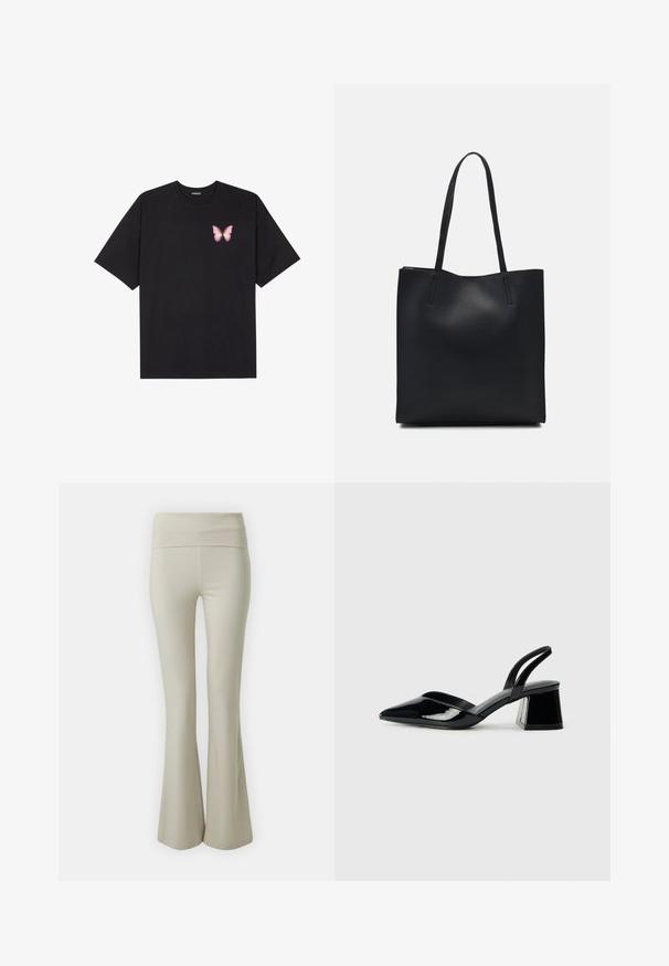 Black cotton t-shirt with short sleeves, featuring a small pink butterfly graphic on the left chest. Crew neck design with a relaxed fit.; Beige flared pants made of soft fabric, featuring a wide, elastic waistband and a smooth texture, tapering to a flared hem at the bottom.; Black patent leather slingback heels with a pointed toe and a geometric block heel. Features a sleek, minimal design and smooth texture.; Black leather tote bag with smooth texture, rectangular shape, and two long handles. No visible hardware or embellishments.