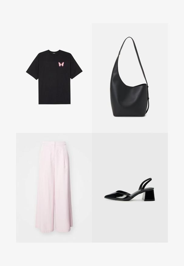 Tricou negru din bumbac cu mâneci scurte, având pe partea stângă a pieptului un mic grafic cu un fluture roz. Design cu guler rotund și croială lejeră.; Pantaloni de culoare roz deschis, cu picioare largi și talie înaltă, cu pliuri în față și din bumbac neted. Fără buzunare vizibile sau ornamentații.; Pantofi cu toc slingback din piele lacuită neagră, cu vârf ascuțit și toc geometric. Prezintă un design elegant, minimalist și o textură netedă.; Geantă hobo din piele neagră, cu o textură netedă, formă curbată și un singur bretele ajustabil; are o deschidere largă în partea de sus.