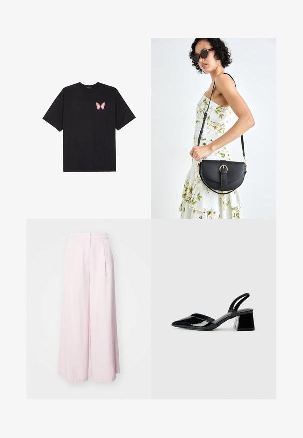 Must muströöpidega must puuvillane T-särk, vasakul rinnal on väike roosa liblikas. Ümar kaelus ja vabalt istuv lõige.; Heledad roosa kõrge vöökoht ja laiade jalgadega püksid, mis on varustatud esiplekkide ja siledast puuvillast kangast. Nähtavaid taskuid ega kaunistusi pole.; Mustad musta lakknahk kingad, millel on terav varvas ja geomeetriline plokkkonts. Omab elegantselt minimalistlikku disaini ja sujuvat tekstuuri.; Mustmust mustraha kõverate joontega, eemaldatava rihmaga ja kuldsete detailidega. Kotil on klapp, millel on pandladetail.