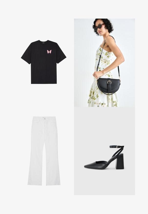 Svart bomulls T-skjorte med korte ermer, med en liten rosa sommerfugl grafikk på venstre bryst. Crew-neck design med en avslappet passform.; Hvite flagrende jeans i bomullsdenim, med to frontlommer, glidelås og metallknapp. Jeansen har en jevn tekstur med minimal detaljer.; Svart lær pumps med spiss tå, ankelrem og kraftig hæl. Flat tekstur, strømlinjeformet design og minimalisme.; Svart lærveske med en buet form, avtagbar stropp og gullbeslag. Vesken har et klaff med spenne-detall.