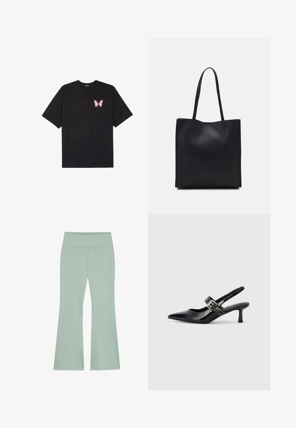 Sort bomulds T-shirt med korte ærmer, prydet med en lille pink sommerfugl grafik på venstre bryst. Rund hals design med en afslappet pasform.; Lys grønne buksestykker med vidde, lavet af blødt, struktureret stof. Har et diskret heather-mønster over det hele.; Sorte laker slingback hæle med spids tå og en lille blokhæl, med en sølvspændeaccent på remmen.; Sort læder tote taske med glat tekstur, rektangulær form og to lange hanke. Ingen synlig hardware eller udsmykninger.
