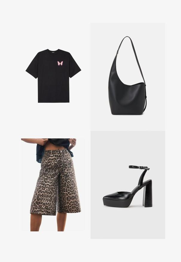 Camiseta de algodón negra de manga corta, con un pequeño gráfico de mariposa rosa en el lado izquierdo del pecho. Diseño de cuello redondo con un corte relajado.; Pantalones cortos de mezclilla con estampado de leopardo, de corte holgado, con cintura de media altura, costuras estructuradas y un diseño de pierna ancha. La tela tiene una textura suave.; Zapatos de tacón negro con punta afilada y correa ajustable en el tobillo. Confeccionados en cuero suave, presentan un tacón grueso.; Bolso tipo hobo de cuero negro con una textura suave, forma curvada y una sola correa ajustable; presenta una amplia apertura en la parte superior.