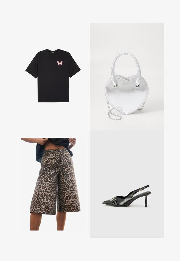 T-shirt nera in cotone con maniche corte, caratterizzata da una piccola grafica di una farfalla rosa sul lato sinistro del petto. Design a girocollo con una vestibilità rilassata.; Shorts in denim con stampa leopardo, con una vestibilità ampia, vita media, cuciture strutturate e un design a gamba larga. Il tessuto presenta una texture morbida.; Scarpa slingback in vernice nera con punta affusolata, cinturini alla caviglia con fibbie in argento e accessori, e tacco sottile.; Borsa a forma di cuore in metallo argento con doppi manici, tracolla a catena e texture liscia. Presenta finiture in metallo e bordi cuciti.