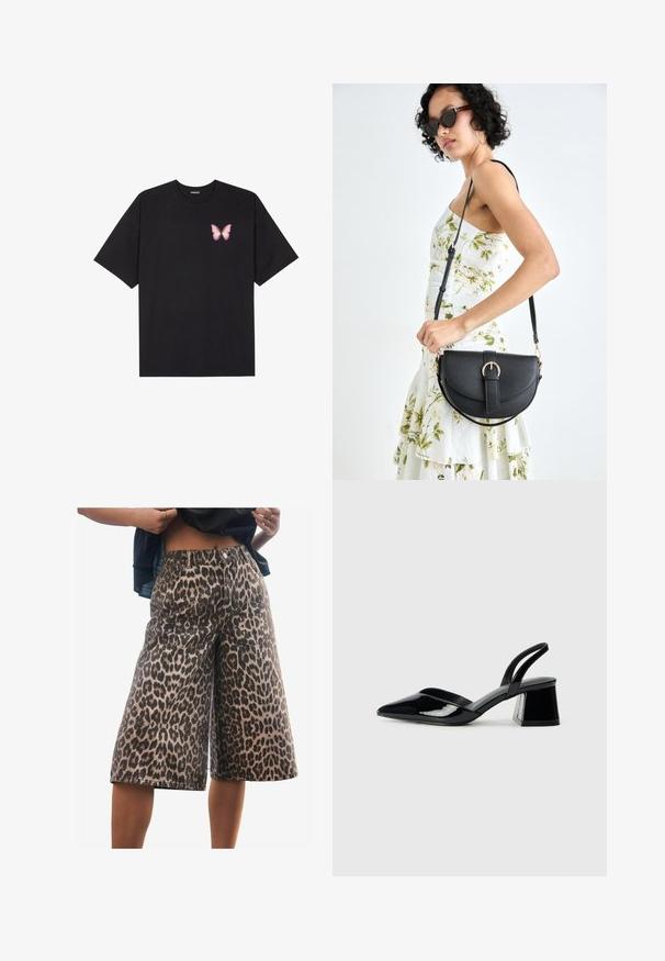 T-shirt en coton noir à manches courtes, avec un petit graphique de papillon rose sur la poitrine gauche. Modèle à col rond avec une coupe décontractée.; Shorts en denim à imprimé léopard avec une coupe ample, taille mi-haute, coutures structurées et un design à large jambe. Le tissu présente une texture douce.; Escarpins en cuir verni noir avec bout pointu et talon bloc géométrique. Présente un design élégant et minimaliste ainsi qu'une texture lisse.; Sac à main en cuir noir avec une forme courbée, bandoulière amovible et des accessoires en or. Le sac est doté d'un rabat avec un détail de boucle.