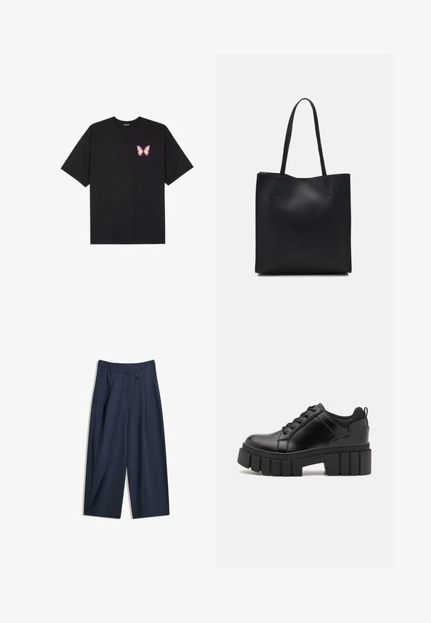 Črna bombažna majica s kratkimi rokavi, ki ima majhen roza metuljček na levi strani prsnega dela. Majica s krožnim ovratnikom in sproščenim krojem.; Mornarsko široke hlače s tračnicami so zasnovane z natančnostjo, s sprednjim gubam, gumbom za zapiranje in gladko teksturo tkanine.; Črne usnjene platforme z debelim blokastim petam, okroglo konico in klasičnim vezanjem. Imajo gladko teksturo in minimalne podrobnosti.; Črna usnjena torba s svilnato teksturo, pravokotne oblike in dvema dolgima ročajema. Brez vidnih metalnih delov ali okrasnih elementov.