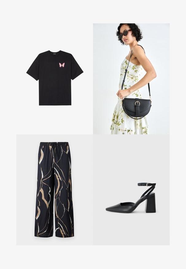 Black cotton t-shirt with short sleeves, featuring a small pink butterfly graphic on the left chest. Crew neck design with a relaxed fit.; Wide-leg trousers in a dark navy fabric, featuring a bold abstract pattern in beige and white. Elastic waistband with drawstring detail.; Black leather pointy-toe pump with an ankle strap and a chunky heel. Flat texture, sleek design, and minimalistic aesthetics.; Black leather handbag with a curved shape, detachable strap, and gold hardware. The bag features a flap with a buckle detail.