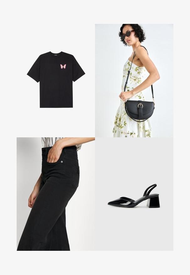 Fekete pamut póló rövid ujjakkal, bal mellkason egy kis rózsaszín pillangó grafikával. Kerek nyakú kialakítás, laza fazonnal.; Fekete, széles szárú farmernadrág, magas derékkal, elülső zsebbel és hátul foltzsebbel. Sima textúra, minimális varrási részletekkel.; Fekete lakk bőr szandálkés magas sarkú cipő, hegyes orral és geometrikus tömbsarkakkal. Karcsú, minimalista dizájn és sima textúra jellemzi.; Fekete bőrtáska ívelt formával, levehető pánttal és arany színű fémrészekkel. A táskán egy csattal díszített fedél található.