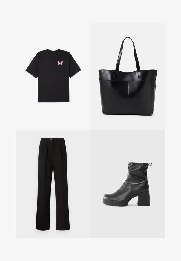 Black cotton t-shirt with short sleeves, featuring a small pink butterfly graphic on the left chest. Crew neck design with a relaxed fit.; Black trousers with a straight-leg design, featuring front pleats, a button closure, and a smooth, textured fabric.; Black ankle boots made of smooth leather, featuring a side zipper, chunky textured heel, and rounded toe design.; Black leather tote bag with two long handles, a smooth texture, and a structured shape. Features a front pocket for additional storage.