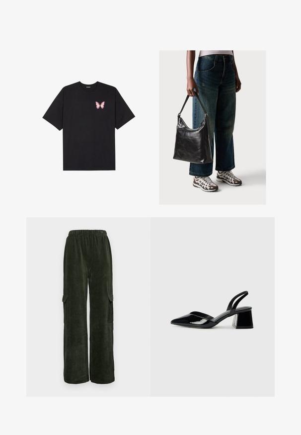 Black cotton t-shirt with short sleeves, featuring a small pink butterfly graphic on the left chest. Crew neck design with a relaxed fit.; Dark green corduroy cargo pants with a loose fit, featuring two side pockets and a comfortable elastic waistband. Textured fabric.; Black patent leather slingback heels with a pointed toe and a geometric block heel. Features a sleek, minimal design and smooth texture.; Black leather shoulder bag with a smooth texture and adjustable strap, paired with faded wide-leg jeans and athletic sneakers.