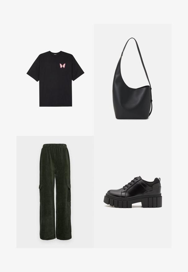 T-shirt nera in cotone con maniche corte, caratterizzata da una piccola grafica di una farfalla rosa sul lato sinistro del petto. Design a girocollo con una vestibilità rilassata.; Pantaloni cargo in corduroy verde scuro, dal taglio largo, con due tasche laterali e una comoda cintura elastica. Tessuto testurizzato.; Scarpe platform in pelle nera con tacco a blocco robusto, punta rotonda e design tradizionale con lacci. Presentano una superficie liscia e dettagli minimi.; Borsa hobo nera in pelle con una superficie liscia, forma curvata e una singola tracolla regolabile; presenta un'ampia apertura nella parte superiore.