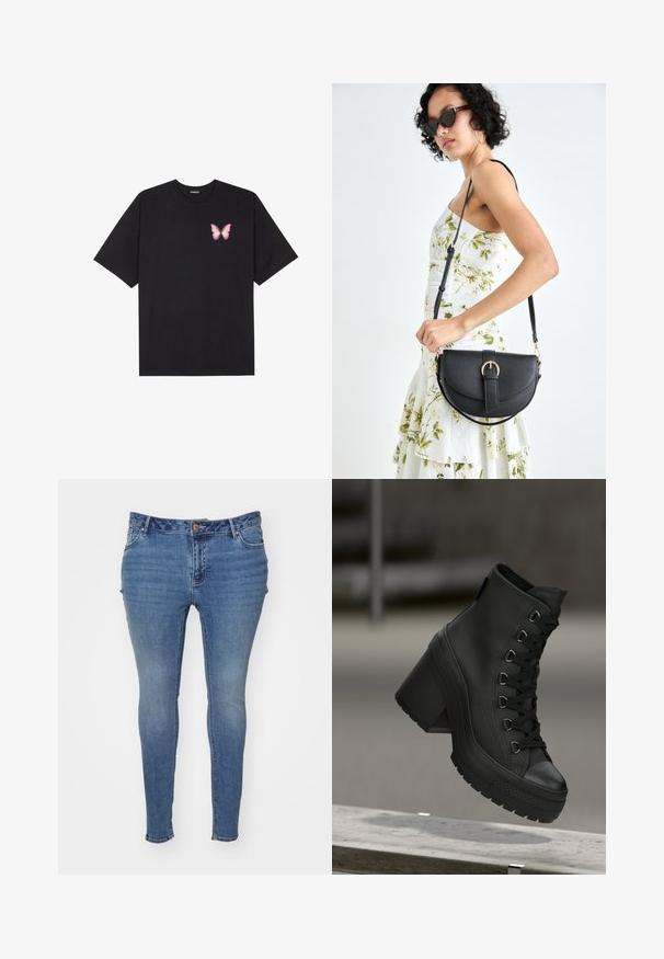 Juodas medvilnės marškinėliai trumpomis rankovėmis, su maža rožine drugelio grafika kairėje krūtinės pusėje. Apvalus kaklo iškirpimas, laisvas kirpimas.; Lieknos mėlynos džinsinės kelnės, pagamintos iš denim medžiagos su nublukusiu apdaila. Turintis penkių kišenių dizainą ir mygtuką užsegimui ties juosmeniu.; Juodos aukštos platformos aulinukai su tekstūruota oda, priekyje su raišteliais ir storu kulnu. Yra guminis padas su išskirtiniais protektoriaus raštais.; Juodas odinis krepšys su išlenkta forma, nuimamu dirželiu ir auksiniais detalėmis. Krepšys turi kilpą su sagtimi.