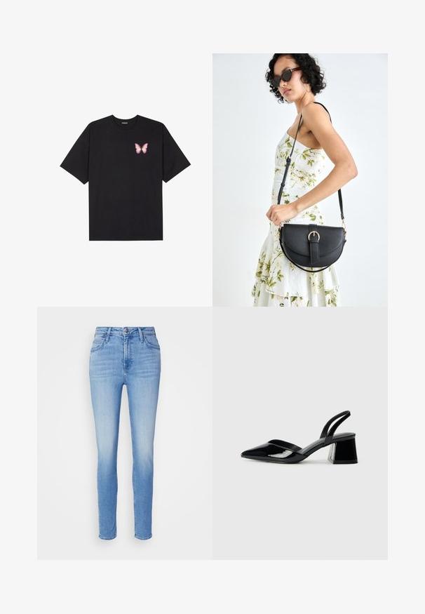 Juodas medvilnės marškinėliai trumpomis rankovėmis, su maža rožine drugelio grafika kairėje krūtinės pusėje. Apvalus kaklo iškirpimas, laisvas kirpimas.; Šviesiai mėlyni džinsai su siauru siluetu, vidutinio aukščio liemeniu, penkiais kišenėmis ir subtiliu blukimu casual stiliui. Klasikiniai diržo kilpos ir mygtuko užsegimas.; Juodos lakuotos odinės šlepetės su smailiu pirštu ir geometriniu bloko kulnu. Turi elegantišką, minimalistinį dizainą ir lygų paviršių.; Juodas odinis krepšys su išlenkta forma, nuimamu dirželiu ir auksiniais detalėmis. Krepšys turi kilpą su sagtimi.