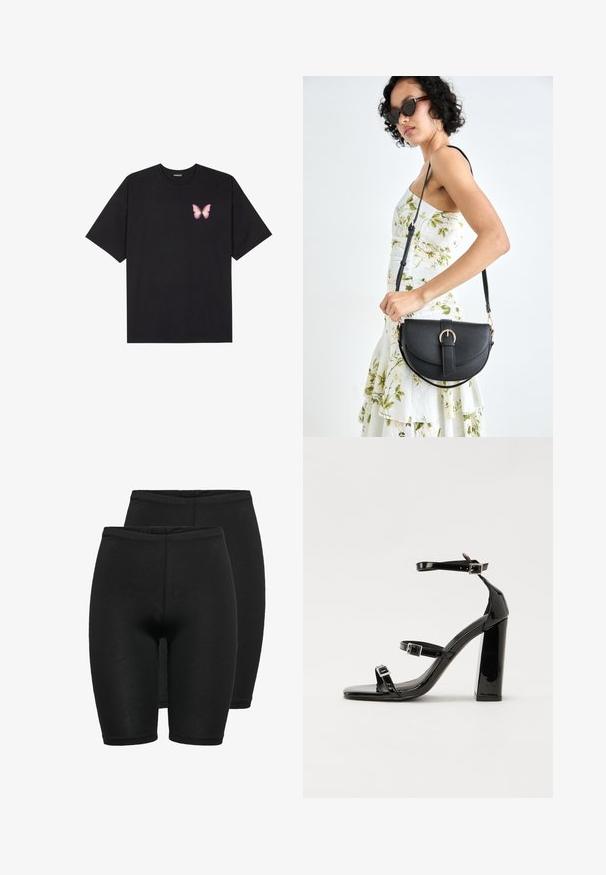 Melna kokvilnas T-krekls ar īsām piedurknēm, kuram priekšā kreisajā pusē ir neliels rozā tauriņa grafiskais attēls. Ar apaļu kaklu un brīvā stila piegriezumu.; Divas melno kompresijas šortu pāri, kas izgatavoti no stiepjoša auduma, ar gludu tekstūru, elastīgu jostu un pieguļošu dizainu.; Melni lakoti augstpapēžu sandales ar divām sprādzēm, kvadrātveida purngalu un masīvu papēdi, ar gludu, spīdīgu virsmu.; Melnas ādas rokassoma ar izliekta formu, noņemamu siksnu un zelta aksesuāriem. Somai ir vāciņš ar sprādzes detaļu.