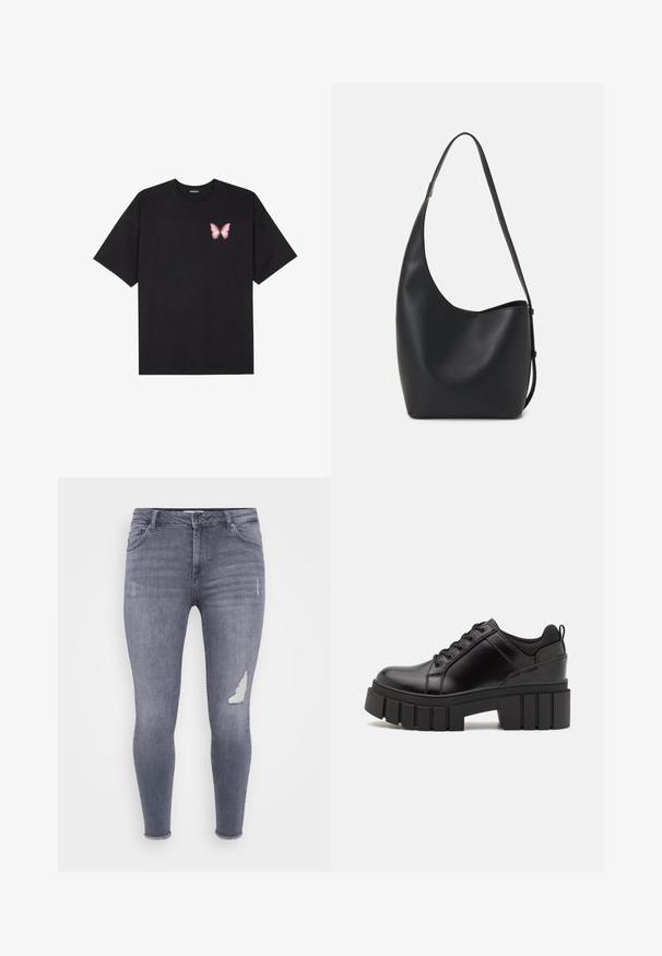 Tricou negru din bumbac cu mâneci scurte, având pe partea stângă a pieptului un mic grafic cu un fluture roz. Design cu guler rotund și croială lejeră.; Jeansi skinny din denim gri deschis, cu o ușoară decolorare și o mare pată uzată pe piciorul stâng, având un tiv desfăcut la glezne.; Pantofi cu talpă plată din piele neagră, cu toc gros, vârf rotund și design tradițional cu șireturi. Prezintă o textură netedă și detalii minime.; Geantă hobo din piele neagră, cu o textură netedă, formă curbată și un singur bretele ajustabil; are o deschidere largă în partea de sus.