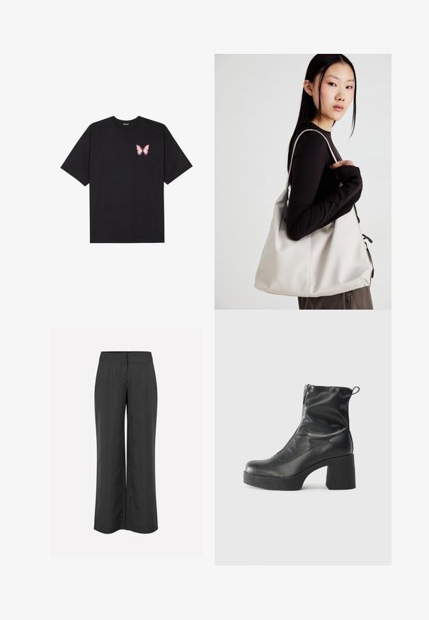 Juodas medvilnės marškinėliai trumpomis rankovėmis, su maža rožine drugelio grafika kairėje krūtinės pusėje. Apvalus kaklo iškirpimas, laisvas kirpimas.; Juodos plačios kojos kelnės su baltomis juostelėmis, turinčios lygų liemenį ir laisvą prigludimą komfortui, pagamintos iš lengvos medžiagos.; Juodos kulkšninių botai, pagaminti iš lygaus odos, su šoniniu užtrauktuku, masyviu tekstūruotu kulnu ir apvaliu pirštu.; Bežinė rankinė, pagaminta iš minkštos medžiagos, turinti laisvą dizainą, siuvinėtas detalės ir dvi petnešos. Tinkama kasdieniam naudojimui.