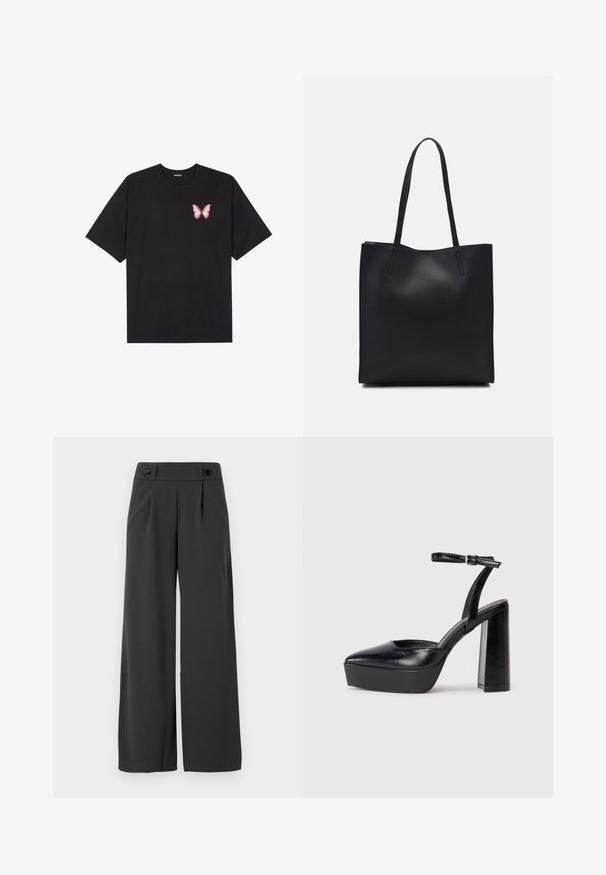 Zwarte katoenen t-shirt met korte mouwen, voorzien van een kleine roze vlinder graphic op de linkerkant van de borst. Crew neck ontwerp met een relaxte fit.; Wijde broek in donkergrijze stof, met een hoge taille, twee voorknoopjes en een gladde textuur met plooien aan de voorkant.; Zwarte plateauhakken met een puntige neus en verstelbare enkelband. Gemaakt van soepel leer, met een robuuste blokhak.; Zwarte leren handtas met een gladde textuur, rechthoekige vorm en twee lange handvaten. Geen zichtbare hardware of versieringen.