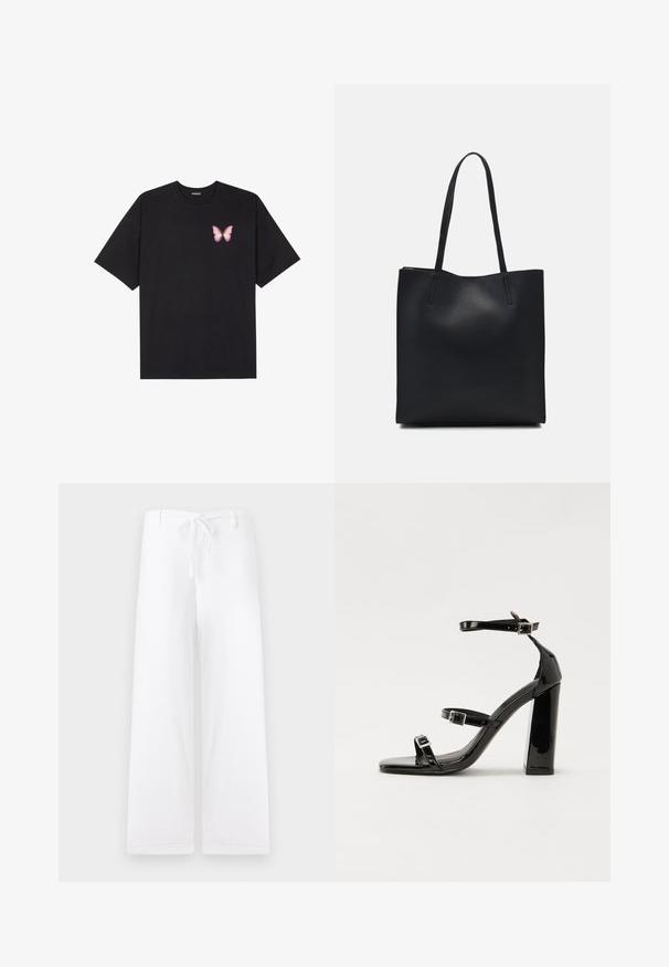 Black cotton t-shirt with short sleeves, featuring a small pink butterfly graphic on the left chest. Crew neck design with a relaxed fit.; White, wide-leg trousers with a drawstring waist. Made of lightweight fabric, featuring a simple design without embellishments or pockets.; Black patent heeled sandals with a square toe, ankle straps, and silver buckles. Features a chunky block heel for stability.; Black leather tote bag with smooth texture, rectangular shape, and two long handles. No visible hardware or embellishments.