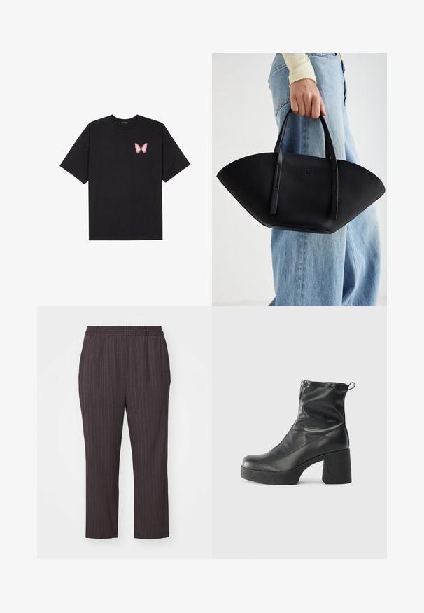 Musta puuvillapaita lyhyillä hihoilla, jossa on pieni vaaleanpunainen perhosgrafiikka vasemmassa rinnassa. Pyöreä kaula-aukko ja rento istuvuus.; Tummanharmaat, joustavat vyötäröhousut, joissa on pystysuuntaiset raidat, kapeat lahkeet, sileä kangas ja sivutaskut virtaviivaista muotoilua varten.; Mustat nilkkurit, jotka on valmistettu sileästä nahasta. Niissä on sivuvetoketju, paksu teksturoitu korko ja pyöristetty kärki.; Musta nahkainen käsilaukku, jossa on ainutlaatuinen tuulihattukuvio, jossa on litteät kahvat. Pinnassa on karkeapintainen rakenne ja minimalistinen muotoilu.