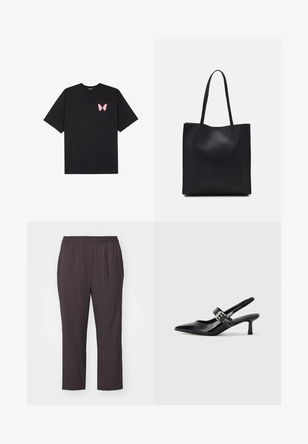 Juodas medvilnės marškinėliai trumpomis rankovėmis, su maža rožine drugelio grafika kairėje krūtinės pusėje. Apvalus kaklo iškirpimas, laisvas kirpimas.; Tamsiai pilki, elastingi kelnės su vertikaliomis juostelėmis, siaurėjantis apatinis kraštas, glotnus audinys ir šoninės kišenės, užtikrinančios elegantišką dizainą.; Juodai lakuoti slingback aukštakulniai su smailiu kojų pirštu ir mažais blokiniais kulniukais, su sidabro sagtimi ant dirželio.; Juodas odinis tote krepšys su lygia tekstūra, stačiakampio formos ir dviem ilgais rankenomis. Matomų metalinių detalių ar puošybos nėra.