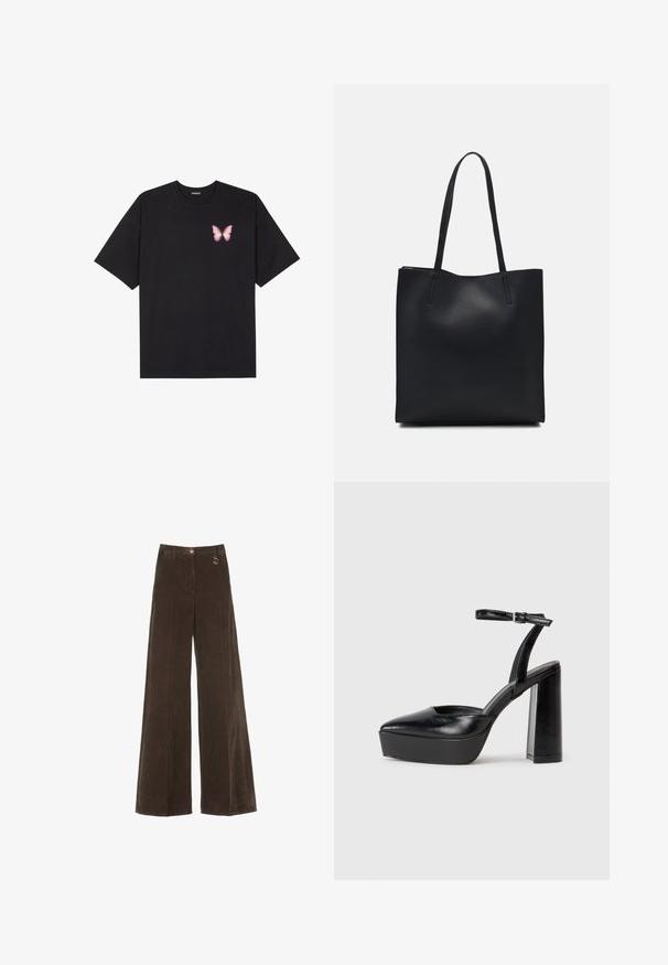 Fekete pamut póló rövid ujjakkal, bal mellkason egy kis rózsaszín pillangó grafikával. Kerek nyakú kialakítás, laza fazonnal.; Barna, széles lábú kordbársony nadrág magas derékkal, arany gombbal és dekoratív gyűrű részlettel. Texturált, puha anyag függőleges csíkokkal.; Fekete platform magassarkú cipők hegyes orral és állítható bokapánttal. Sima bőrből készült, vastag talppal.; Fekete bőrtáska sima felszínnel, téglalap alakú, két hosszú füllel. Nincs látható fémkiegészítő vagy díszítés.