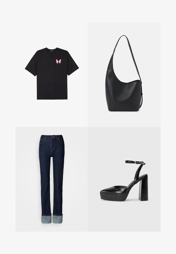 Musta puuvillapaita lyhyillä hihoilla, jossa on pieni vaaleanpunainen perhosgrafiikka vasemmassa rinnassa. Pyöreä kaula-aukko ja rento istuvuus.; Tummansiniset farkut suoranlahkeisella mallilla, joissa on käännetty lahje ja kontrastitikkaus. Keskikorkea vyötärö ja perinteinen nappikiinnitys.; Mustat korkeat platform-kengät, joissa on terävä kärki ja säädettävä nilkkaremmi. Valmistettu sileästä nahasta ja varustettu paksulla lohkokorkeudella.; Musta nahkainen hobo-laukku, jossa on sileä pinta, kaareva muoto ja yksi säädettävä olkahihna; sisäänkäynti on leveä ylhäältä.