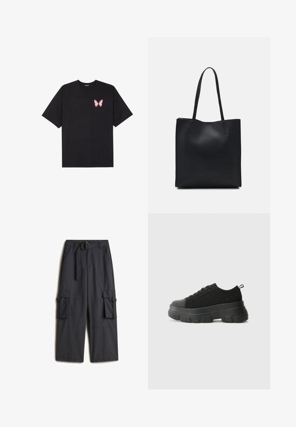 Schwarzes Baumwoll-T-Shirt mit kurzen Ärmeln, das ein kleines pinkes Schmetterlingsmotiv auf der linken Brust zeigt. Crewneck-Design mit einem entspannten Schnitt.; Dunkelgraue Cargo-Hosen aus leichtem Stoff, ausgestattet mit einem Gürtel mit einer runden Schnalle, zwei Seitentaschen und zwei Cargotaschen.; Schwarze Sneakers mit einer dicken Gummisohle, strukturiertem Obermaterial, runder Zehenpartie und Schnürdesign. Verfügt über verstärkte Ösen und eine Schlaufe an der Rückseite.; Schwarze Laptoptasche aus Leder mit glatter Textur, rechteckiger Form und zwei langen Griffen. Keine sichtbaren Beschläge oder Verzierungen.