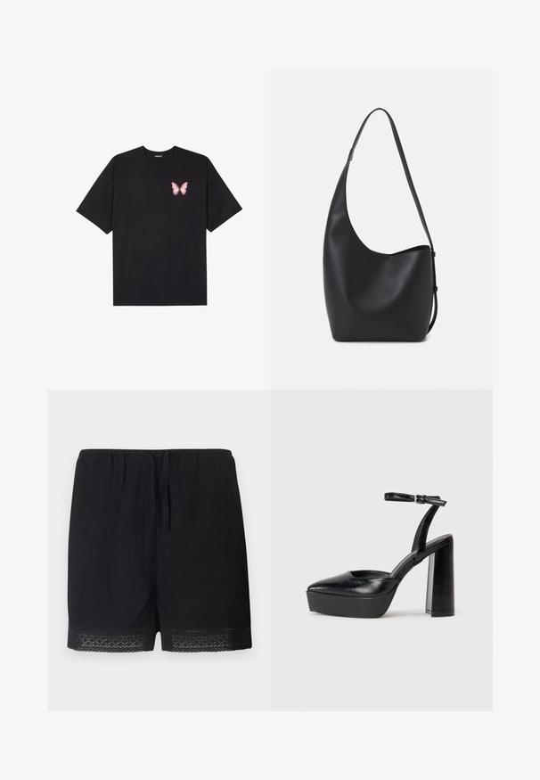 Čierne bavlnené tričko s krátkymi rukávmi, s malým ružovým motýlikom na ľavej hrudi. Design s okrúhlym výstrihom a uvoľneným strihom.; Čierne šortky vyrobené z textúrovanej tkaniny s elastickým pásom a viazaním, so jemnou čipkovou ozdobou na spodnom leme.; Čierne platformové podpätky so špicatou špičkou a nastaviteľným členkovým remienkom. Vyrobené z hladkej kože a so robustným blokovým podpätkom.; Čierna kožená hobo taška so hladkou textúrou, zakriveným tvarom a jedným nastaviteľným popruhom; má široké otvorenie na vrchu.