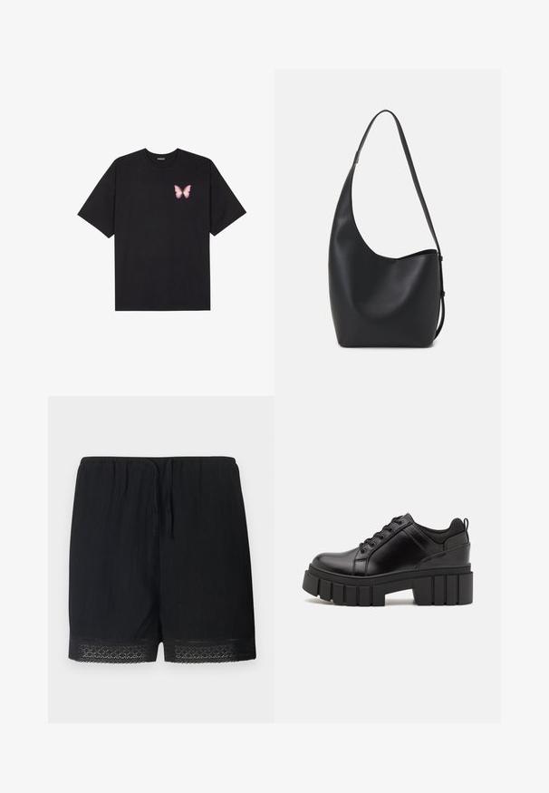 Black cotton t-shirt with short sleeves, featuring a small pink butterfly graphic on the left chest. Crew neck design with a relaxed fit.; Black shorts made of textured fabric with an elastic waistband and tie, featuring a delicate lace trim at the hem.; Black leather platform shoes with a chunky block heel, round toe, and traditional lace-up design. Features smooth texture and minimal detailing.; Black leather hobo bag with a smooth texture, curved shape, and single adjustable strap; features a wide opening at the top.