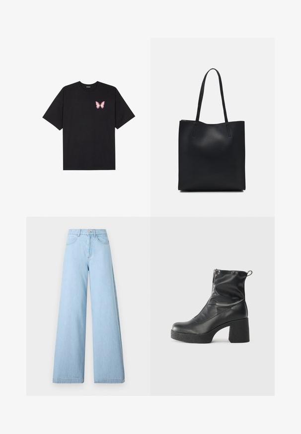 Svart bomulls T-skjorte med korte ermer, med en liten rosa sommerfugl grafikk på venstre bryst. Crew-neck design med en avslappet passform.; Lyseblå vide jeans laget av denim, med høy midje, frontlommer og rene kanter med minimal sømdetalj.; Svarte ankelstøvler laget av glatt lær, med glidelås på siden, chunky strukturert hæl, og rund tå-design.; Svart lær tote bag med glatt tekstur, rektangulær form og to lange håndtak. Ingen synlige deler eller dekorasjoner.