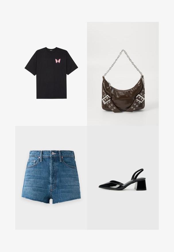 T-shirt de algodão preto com mangas curtas, apresentando um pequeno gráfico de borboleta rosa no lado esquerdo do peito. Design de gola redonda com um corte solto.; Calções de ganga azul de cintura alta com botão frontal, passagens para cinto, design de cinco bolsos e acabamento em corte cru num fundo simples.; Sandy em verniz preto com salto slingback, ponta afilada e salto geométrico. Apresenta um design elegante e minimalista com textura suave.; Bolsa de mão em couro sintético castanho escuro com alça de corrente prateada, cintos decorativos de fivela dupla e fecho de zíper.