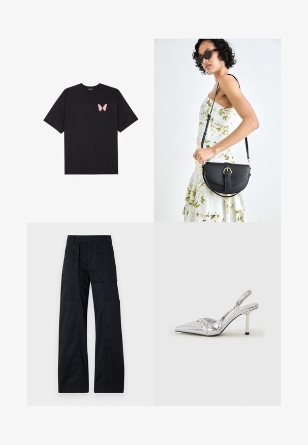 Black cotton t-shirt with short sleeves, featuring a small pink butterfly graphic on the left chest. Crew neck design with a relaxed fit.; Black cargo pants with a wide-leg design, featuring multiple large pockets, a fitted waistband, and a smooth cotton texture.; Silver slingback high heel shoe with a pointed toe, metallic finish, two decorative straps, and a slender heel with a black tip.; Black leather handbag with a curved shape, detachable strap, and gold hardware. The bag features a flap with a buckle detail.