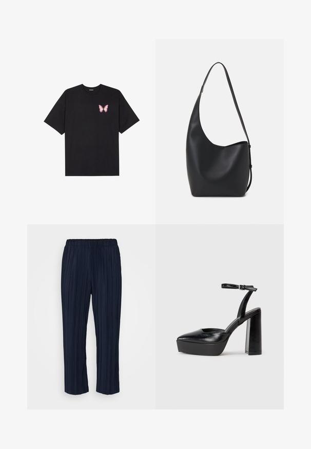 Black cotton t-shirt with short sleeves, featuring a small pink butterfly graphic on the left chest. Crew neck design with a relaxed fit.; Navy pleated trousers with an elastic waistband, featuring vertical pinstripes and a relaxed fit, ending just above the ankles.; Black platform heels with a pointed toe and adjustable ankle strap. Constructed from smooth leather, featuring a chunky block heel.; Black leather hobo bag with a smooth texture, curved shape, and single adjustable strap; features a wide opening at the top.