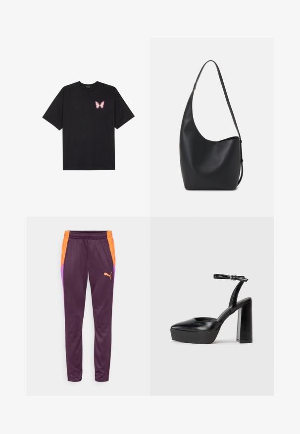 Svart bomulls T-skjorte med korte ermer, med en liten rosa sommerfugl grafikk på venstre bryst. Crew-neck design med en avslappet passform.; Lilla treningsbukser med oransje og lilla sidepaneler. Laget av glatt stoff, med elastisk linning og en liten logo.; Sorte plattformhelter med spiss tå og justerbar ankelrem. Laget av glatt lær, med en robust blokkhel.; Svart lær hobo-veske med glatt tekstur, buet form og enkelt justerbart stropp; har en bred åpning på toppen.
