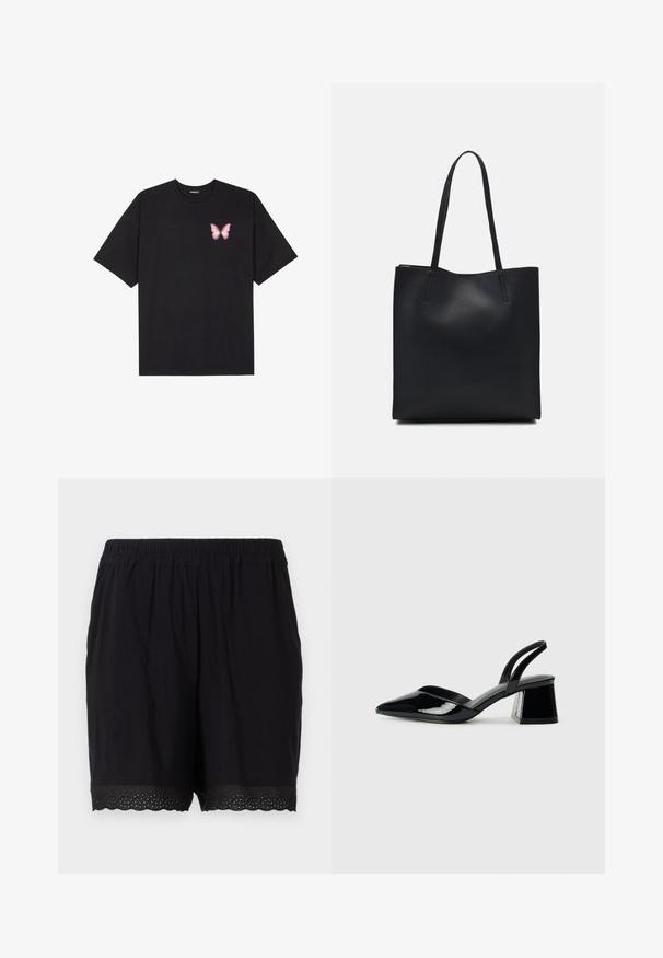 Melna kokvilnas T-krekls ar īsām piedurknēm, kuram priekšā kreisajā pusē ir neliels rozā tauriņa grafiskais attēls. Ar apaļu kaklu un brīvā stila piegriezumu.; Melni kokvilnas šorti ar elastīgu jostu un viļņotu apakšmalu, ar perforētiem elementiem malās. Mīksta un viegla auduma.; Melna lakota āda ar atvērto papēdi, ar smailu purngalu un ģeometrisku blokpapēdi. Iezīmējas elegants, minimāls dizains un gluda tekstūra.; Melnas ādas somiņa ar gludu tekstūru, taisnstūra formu un divām garām rokturiem. Nav redzamu aparatūras vai rotājumu.