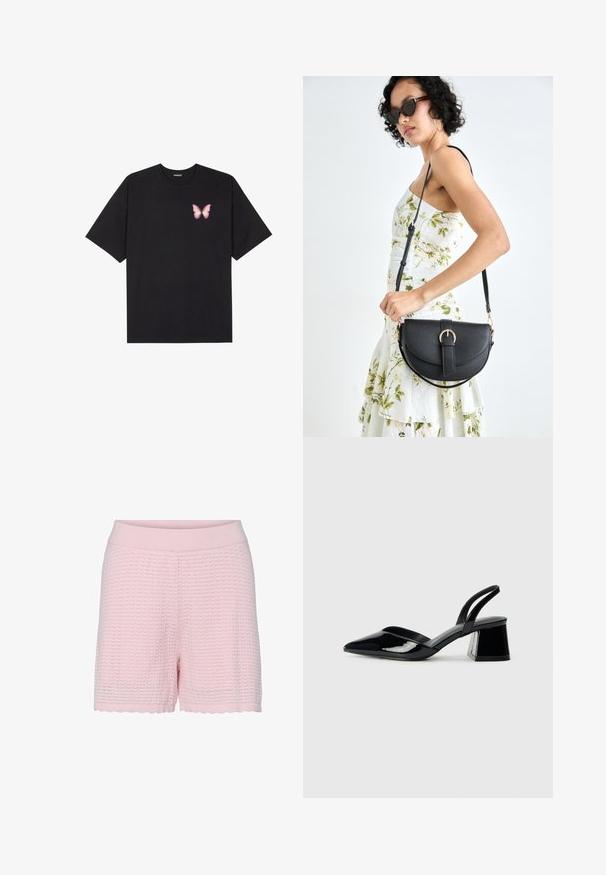 Juodas medvilnės marškinėliai trumpomis rankovėmis, su maža rožine drugelio grafika kairėje krūtinės pusėje. Apvalus kaklo iškirpimas, laisvas kirpimas.; Rožiniai megzti šortai su tekstūrine raštu, turintys plačią elastingą juosmenį ir banginio kraštą, kad suteiktų papildomo akcento.; Juodos lakuotos odinės šlepetės su smailiu pirštu ir geometriniu bloko kulnu. Turi elegantišką, minimalistinį dizainą ir lygų paviršių.; Juodas odinis krepšys su išlenkta forma, nuimamu dirželiu ir auksiniais detalėmis. Krepšys turi kilpą su sagtimi.