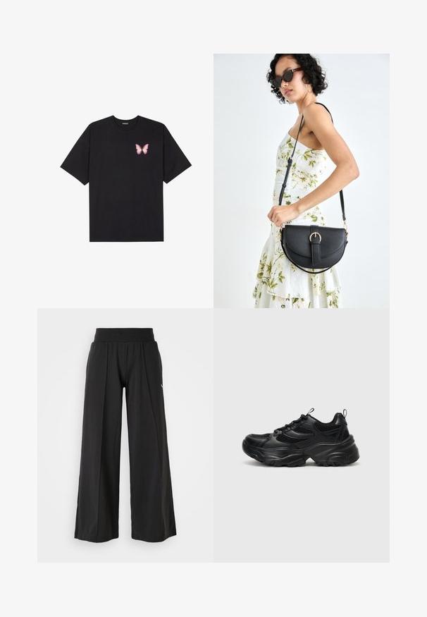 Svart bomulls T-skjorte med korte ermer, med en liten rosa sommerfugl grafikk på venstre bryst. Crew-neck design med en avslappet passform.; Svarte vide bukser med teksturert stoff, elastisk midje og PUMA-logo som detalj. Enkelt design med avslappet passform.; Even&Odd Joggesko - black; Svart lærveske med en buet form, avtagbar stropp og gullbeslag. Vesken har et klaff med spenne-detall.