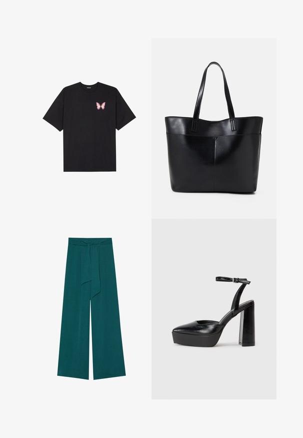 Black cotton t-shirt with short sleeves, featuring a small pink butterfly graphic on the left chest. Crew neck design with a relaxed fit.; Wide-leg trousers in a deep teal color with a textured finish, featuring a tied waistband for adjustable fit and a flowy silhouette.; Black platform heels with a pointed toe and adjustable ankle strap. Constructed from smooth leather, featuring a chunky block heel.; Black leather tote bag with two long handles, a smooth texture, and a structured shape. Features a front pocket for additional storage.