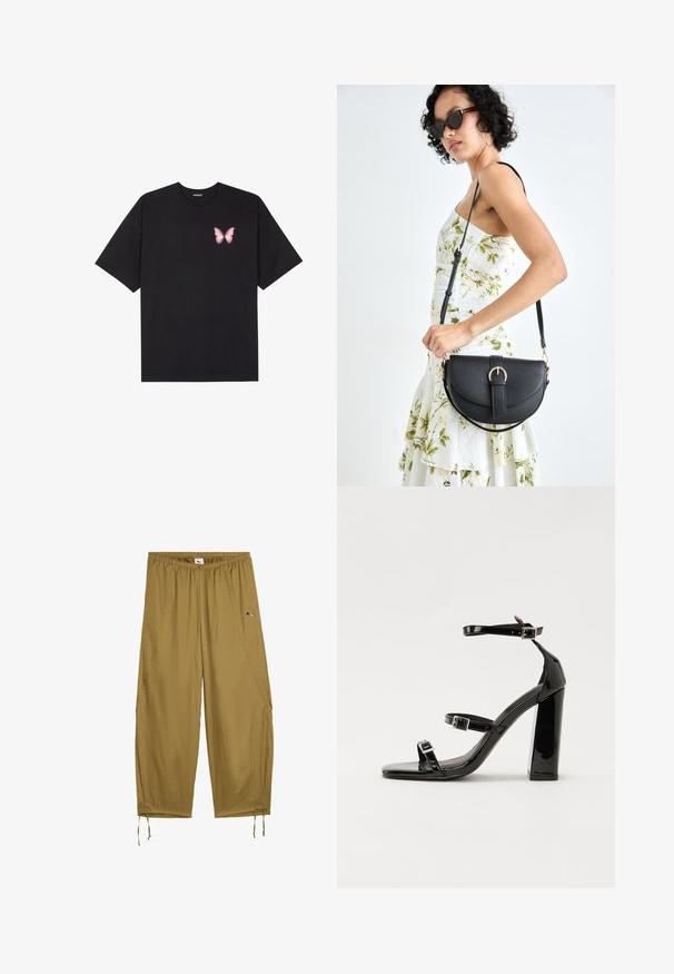 Schwarzes Baumwoll-T-Shirt mit kurzen Ärmeln, das ein kleines pinkes Schmetterlingsmotiv auf der linken Brust zeigt. Crewneck-Design mit einem entspannten Schnitt.; Leichte, luftig sitzende Hosen aus Khakistoff. Mit elastischem Bund, Seitentaschen und Kordelzügen an den Säumen. Kleines Logo-Detail.; Schwarze Lackleder-Sandalen mit hohen Absätzen, zwei Riemen mit Schnallen, quadratischer Zehenpartie und klobigem Blockabsatz, mit einer glatten, glänzenden Textur.; Schwarze Lederhandtasche mit geschwungener Form, abnehmbarem Tragegurt und goldenen Beschlägen. Die Tasche verfügt über einen Deckel mit einer Schnallen-Details.