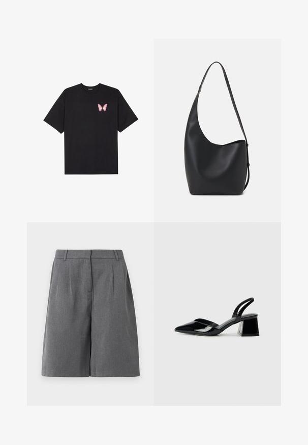 Juodas medvilnės marškinėliai trumpomis rankovėmis, su maža rožine drugelio grafika kairėje krūtinės pusėje. Apvalus kaklo iškirpimas, laisvas kirpimas.; Pilki pritaikyti šortai su plokščiu priekiu, klostėmis ir šoninėmis kišenėmis. Pagaminti iš lengvos medžiagos, pasižymi lygiavertiška tekstūra ir tiesiu kirpimu.; Juodos lakuotos odinės šlepetės su smailiu pirštu ir geometriniu bloko kulnu. Turi elegantišką, minimalistinį dizainą ir lygų paviršių.; Juodas odinis hobo maišas su lygiu paviršiumi, kreipta forma ir viena reguliuojama rankena; turi platų atidarymą viršuje.