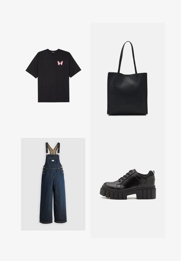 Musta puuvillapaita lyhyillä hihoilla, jossa on pieni vaaleanpunainen perhosgrafiikka vasemmassa rinnassa. Pyöreä kaula-aukko ja rento istuvuus.; Tummansiniset farkkuhaalarit, joissa on leveät lahkeet, säädettävät olkaimet ja nappikoristeet. Ominaisuuksiin kuuluu etutasku ja tasainen, sileä pinta.; Mustat nahkakengät, joissa on lättihenkinen korko, pyöreä kärki ja perinteinen nauhakiinnitys. Ominaisuuksiin kuuluu sileä pintakuvio ja minimaalinen yksityiskohtaisuus.; Mustapahkainen kangaskassi, jossa on sileä pinta, suorakaiteen muotoinen ja kaksi pitkää kahvaa. Ei näkyvää metalliosaa tai koristeita.