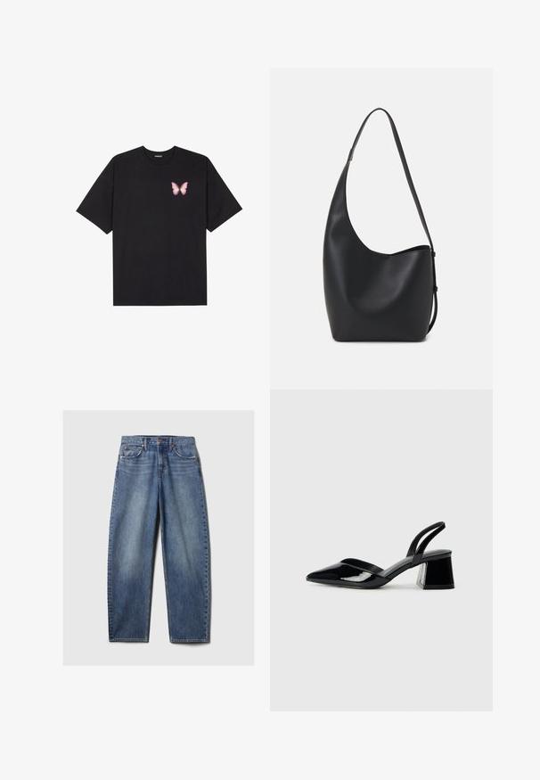 T-shirt de algodão preto com mangas curtas, apresentando um pequeno gráfico de borboleta rosa no lado esquerdo do peito. Design de gola redonda com um corte solto.; Calças de ganga azul com um corte descontraído, apresentando cinco bolsos, rebites de cobre e um efeito de desgaste. Pernas retas com um acabamento limpo.; Sandy em verniz preto com salto slingback, ponta afilada e salto geométrico. Apresenta um design elegante e minimalista com textura suave.; Saco hobo preto em pele com uma textura lisa, forma curva e uma única alça ajustável; apresenta uma abertura larga na parte de cima.