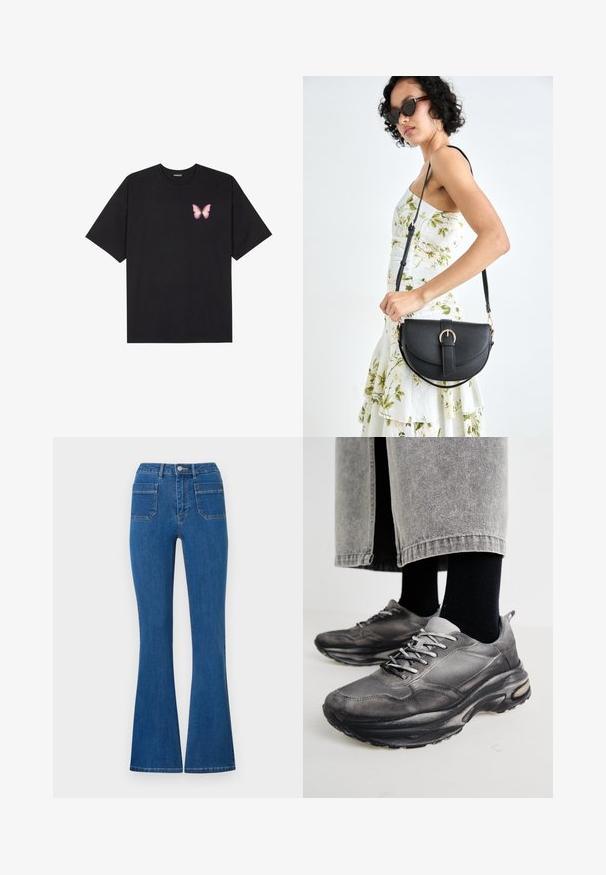 Black cotton t-shirt with short sleeves, featuring a small pink butterfly graphic on the left chest. Crew neck design with a relaxed fit.; Flared blue jeans with a high waist, made of denim. Features two back pockets and a metal button closure at the front. Clean, minimal design.; Black and gray athletic shoes feature a mesh upper, thick soles, and laces. They have a rounded toe and visible cushioning detail.; Black leather handbag with a curved shape, detachable strap, and gold hardware. The bag features a flap with a buckle detail.