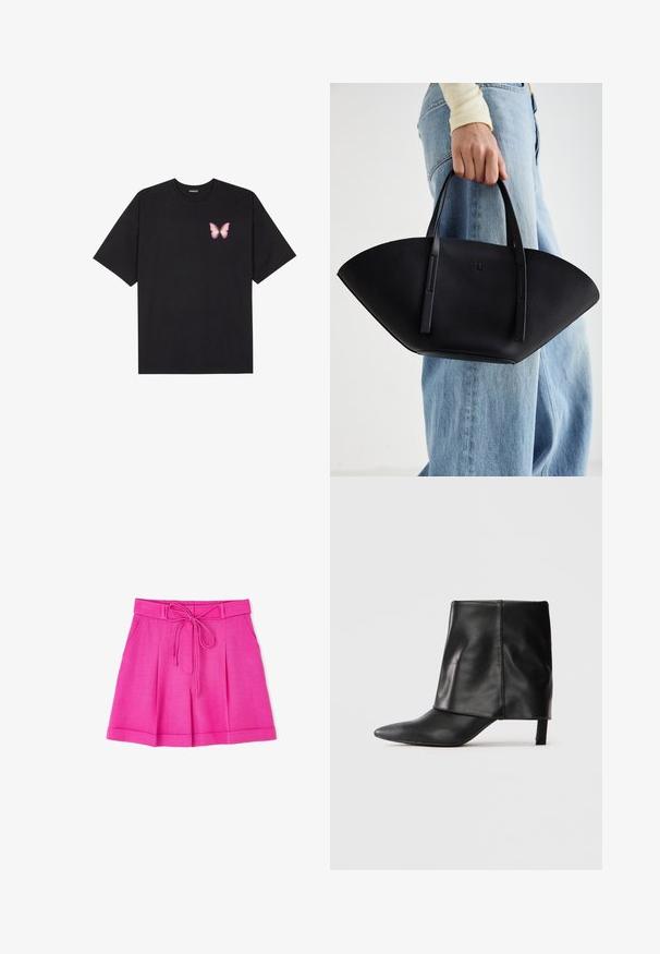 Schwarzes Baumwoll-T-Shirt mit kurzen Ärmeln, das ein kleines pinkes Schmetterlingsmotiv auf der linken Brust zeigt. Crewneck-Design mit einem entspannten Schnitt.; Rosa Shorts aus leichtem Material mit gebundenem Taillenbund, mit Falten und zwei seitlichen Taschen. Glatte Textur, lässiges Design.; Schwarze Lederstiefel bis zur Mitte der Wade mit spitzer Zehe, gefaltetem oberen Schaft und schlankem, niedrigem Absatz auf weißem Hintergrund.; Schwarze Lederhandtasche mit einzigartiger Fächerform, ausgestattet mit flachen Griffen. Die Oberfläche hat eine genoppte Textur und ein minimalistisches Design.