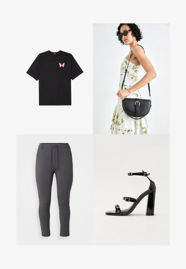 Tricou negru din bumbac cu mâneci scurte, având pe partea stângă a pieptului un mic grafic cu un fluture roz. Design cu guler rotund și croială lejeră.; Pantaloni sportivi gri cu talie ajustabilă, croi tapered, textură netedă și design până la glezne.; Sandale negre din piele lacuită, cu toc înalt, două curele cu catarame, vârf pătrat și toc gros, având o textură netedă și lucioasă.; Geantă din piele neagră, cu o formă curbată, curea detașabilă și accesorii aurii. Geanta are un capac cu un detaliu tip cataramă.