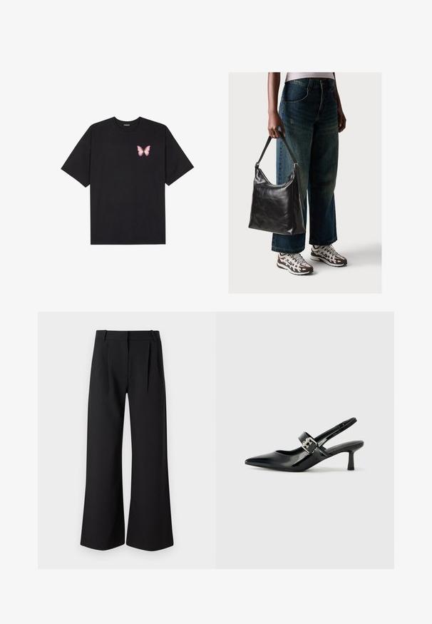 Czarny bawełniany t-shirt z krótkim rękawem, z małym różowym motylkiem na lewej piersi. Klasyczny dekolt z luźnym fasonem.; Czarne spodnie o szerokich nogawkach z gładką teksturą, z zakładkami z przodu i prostą talią, odpowiednie do noszenia zarówno na formalne, jak i codzienne okazje.; Czarne lakierowane szpilki slingback z wąskim noskiem i małym słupkiem, z ozdobnym srebrnym klamrą na pasku.; Czarna skórzana torba na ramię o gładkiej fakturze i regulowanym pasku, w zestawieniu z wyblakłymi dżinsami typu wide-leg i sportowymi butami.