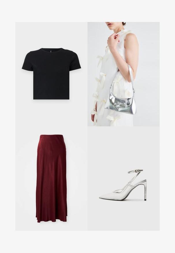 Tricou negru cu mânecă scurtă, fabricat din bumbac moale. Dispune de un guler rotund și un design ajustat. Textură netedă, fără modele sau accente.; Fustă maxi lungă, burgundy, dintr-un material neted și ușor, cu un ușor luciu. Dispune de un brâu ajustat și un design fluid.; Pantofii cu toc stiletto clar, cu vârful ascuțit, material transparent, accente metalice argintii și curea ajustabilă pentru glezne.; Geantă metalică argintie cu o formă structurată, având un mâner superior și un detaliu sub formă de fundă pe față. Textură netedă, finisaj reflexiv.
