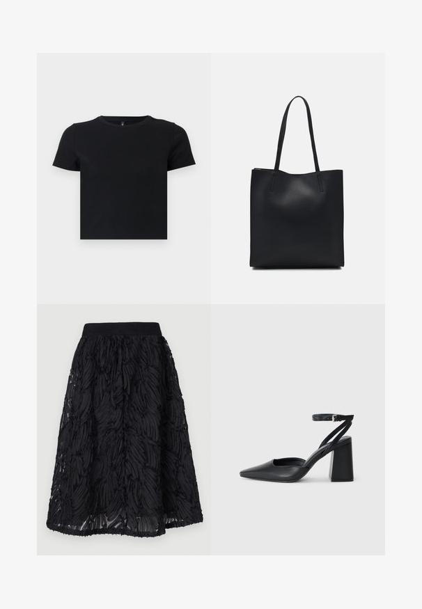 Juoda trumpomis rankovėmis marškinėliai, pagaminti iš švelnios medvilnės. Turi apvalų kaklą ir prigludusį dizainą. Lygi tekstūra be raštų ar akcentų.; Juoda sijonas su tekstūruotu dizainu, turintis sluoksniuotas, bangas primenančias formas. Audinys atrodo lengvas, su surinkta juosmeniu ir laisvai krentančiu apvadu.; Juoda odinė smailiagalė aukštakulnio bateliai su kulkšnies dirželiu ir storu kulnu. Lygus paviršius, elegantiškas dizainas ir minimalistiška estetinė. ; Juodas odinis tote krepšys su lygia tekstūra, stačiakampio formos ir dviem ilgais rankenomis. Matomų metalinių detalių ar puošybos nėra.