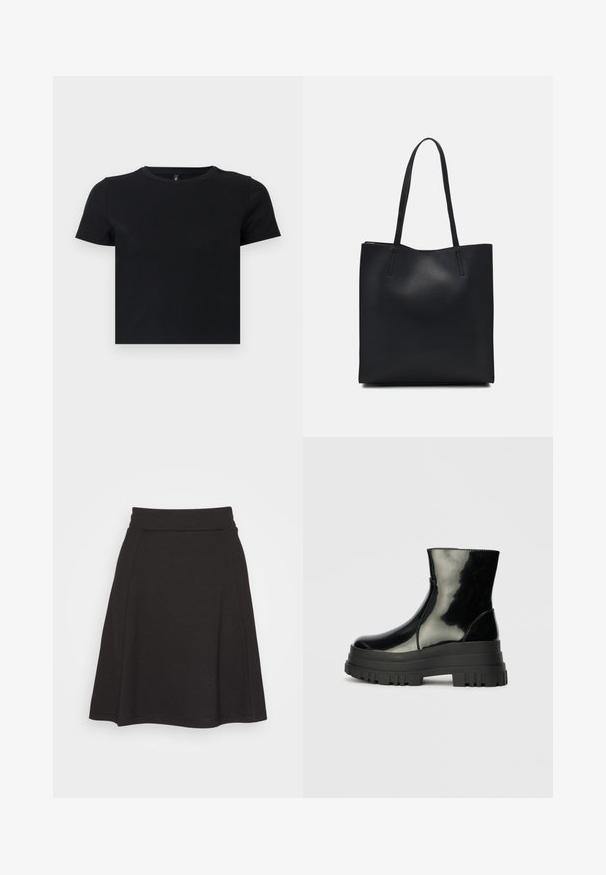 Schwarzes T-Shirt mit kurzen Ärmeln aus weicher Baumwolle. Hat einen runden Ausschnitt und ein tailliertes Design. Glatte Textur ohne Muster oder Akzente.; Schwarzer, ausgestellter Rock aus einem weichen Stoff mit glatter Textur. Verfügt über einen breiten Bund und fällt bis zur Mitte des Oberschenkels.; Schwarze, glänzende Knöchelstiefel mit dickem Profilsohle und abgerundeter Zehenform, Seitenansicht vor einem schlichten, hellgrauen Hintergrund.; Schwarze Laptoptasche aus Leder mit glatter Textur, rechteckiger Form und zwei langen Griffen. Keine sichtbaren Beschläge oder Verzierungen.