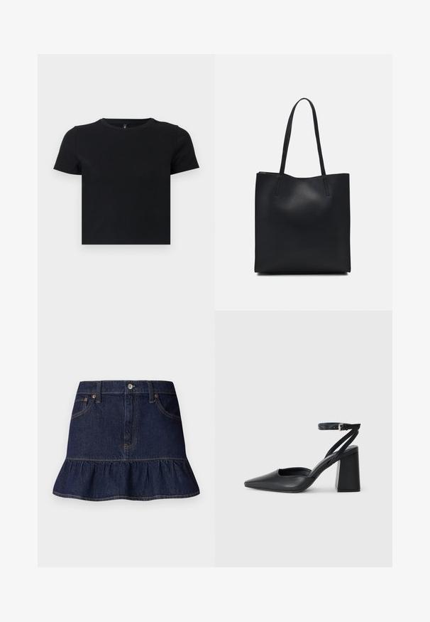 T-shirt nera a maniche corte realizzata in cotone morbido. Presenta un collo rotondo e un design aderente. Texture liscia senza motivi o dettagli.; Gonna in denim scuro con orlo arricciato, design a cinque tasche, passanti per cintura e chiusura frontale con bottone. Texture liscia e taglio dritto.; Pump in pelle nera con punta affusolata, cinturino alla caviglia e tacco spesso. Texture piatta, design elegante ed estetica minimalista.; Borsa tote in pelle nera con texture liscia, forma rettangolare e due manici lunghi. Nessun hardware o decorazione visibile.